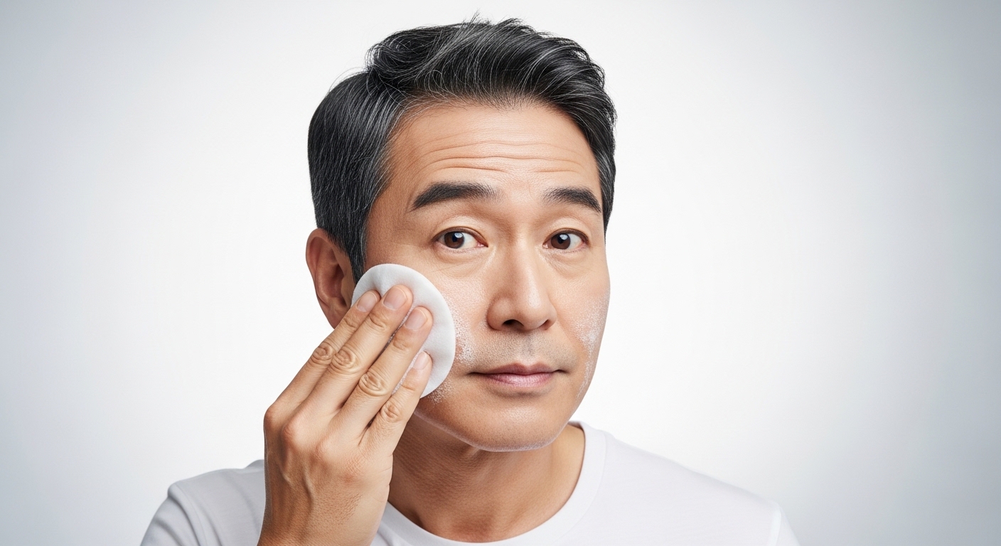 노안수술 후 물이 눈에 들어가지 않도록 클렌징 패드로 조심스럽게 얼굴을 닦아내는 모습